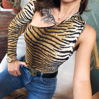 Dulzura tiger animal print bodysuit one shoulder backless bodycon sexy streetwear 2019 autumn winter body romper party clothes