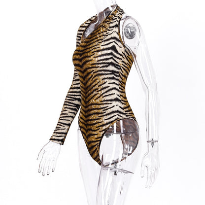Dulzura tiger animal print bodysuit one shoulder backless bodycon sexy streetwear 2019 autumn winter body romper party clothes
