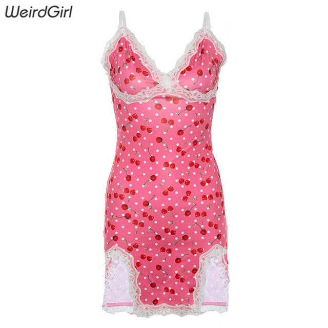 Weirdgirl women lace up cherry dot print sexy dress slip slit cute girl pink vestidos sleeveless v-neck bodycon femme short mini