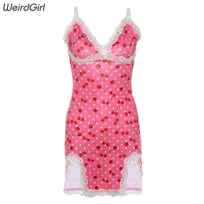 Weirdgirl women lace up cherry dot print sexy dress slip slit cute girl pink vestidos sleeveless v-neck bodycon femme short mini