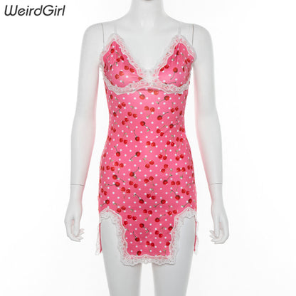 Weirdgirl women lace up cherry dot print sexy dress slip slit cute girl pink vestidos sleeveless v-neck bodycon femme short mini
