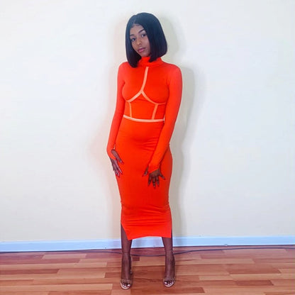 Hugcitar 2019 cotton long sleeve high neck long dress autumn winter women party elegant slim outfits streetwear