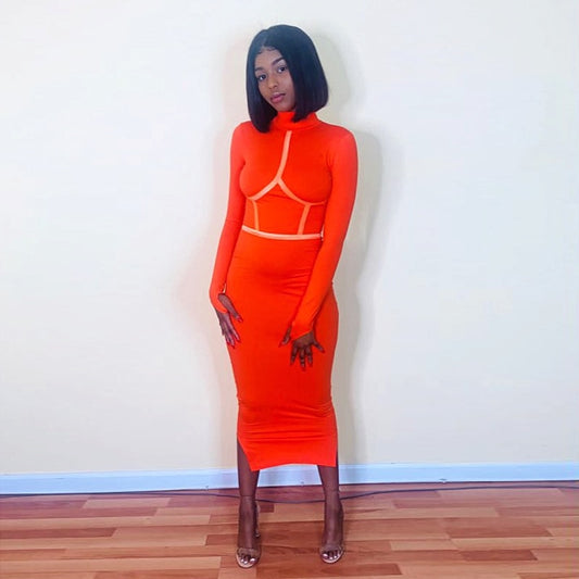 Hugcitar 2019 cotton long sleeve high neck long dress autumn winter women party elegant slim outfits streetwear