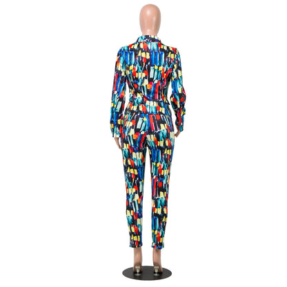 Echoine Colorful Print Women Pant Suits Blazer Jacket & Pencil Pant 2 Piece Set OL Work Office  business suits combinaison femme