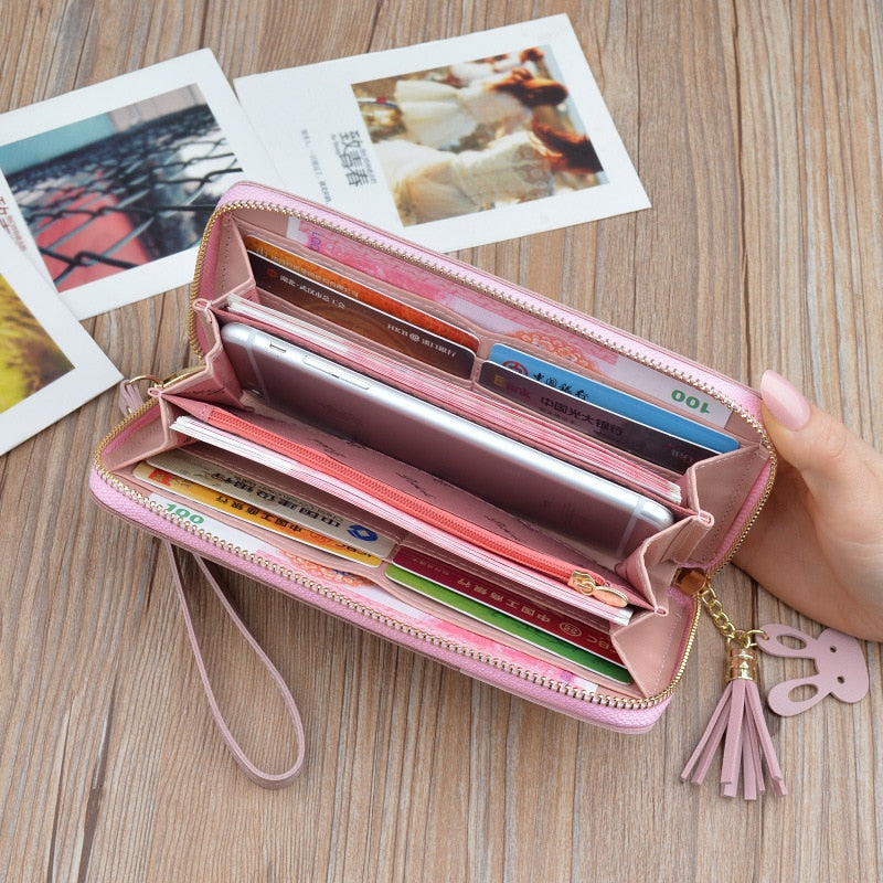 Geometric Women Wallets with Zipper Pink Phone Pocket Purse Card Holder Patchwork Women Long Wallet Lady Tassel Short Coin Purse