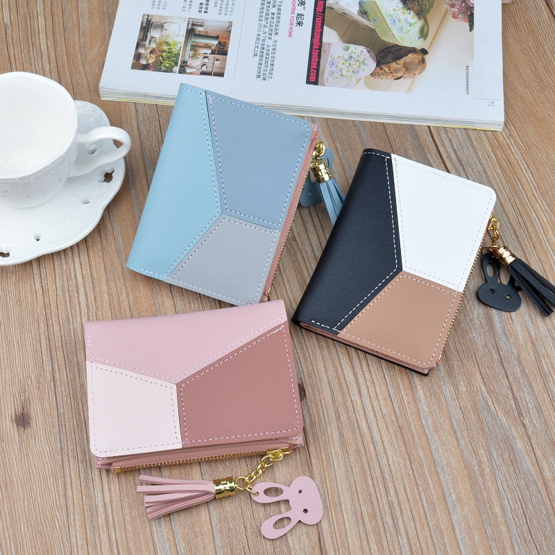 Geometric Women Wallets with Zipper Pink Phone Pocket Purse Card Holder Patchwork Women Long Wallet Lady Tassel Short Coin Purse