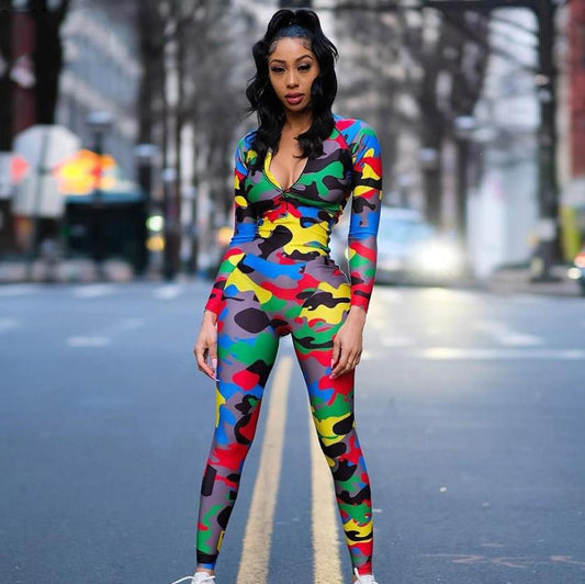 Long Skinny Jumpsuit Women Zipper V Collar Full Sleeve Casual Camouflage Bodysuit Sexy Rompers Ladies Playsuit