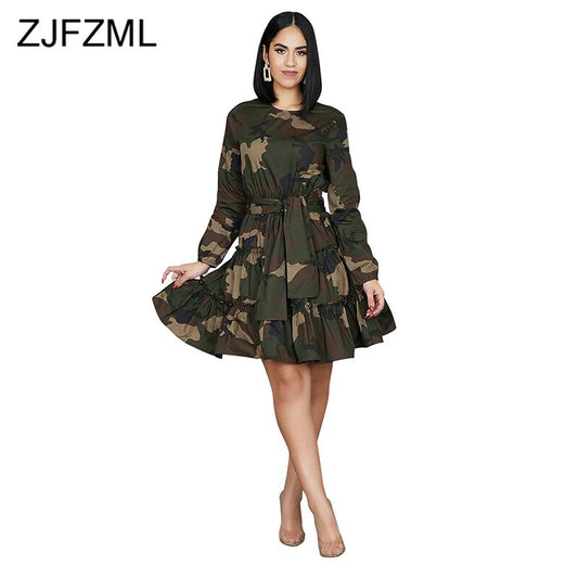 Camouflage Sexy Pleated Dress Women Long Sleeve High Waist Sashes Autumn Winter Dress Causal Plus Size Ruched Slim Mini Dresses