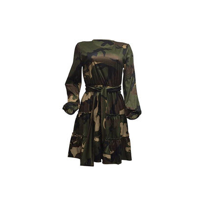 Camouflage Sexy Pleated Dress Women Long Sleeve High Waist Sashes Autumn Winter Dress Causal Plus Size Ruched Slim Mini Dresses