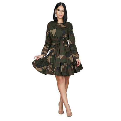 Camouflage Sexy Pleated Dress Women Long Sleeve High Waist Sashes Autumn Winter Dress Causal Plus Size Ruched Slim Mini Dresses