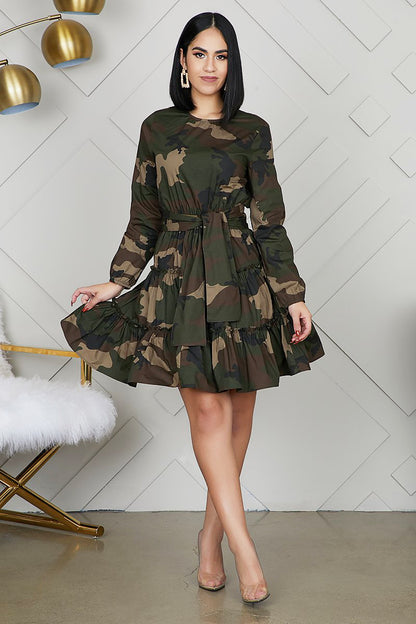 Camouflage Sexy Pleated Dress Women Long Sleeve High Waist Sashes Autumn Winter Dress Causal Plus Size Ruched Slim Mini Dresses