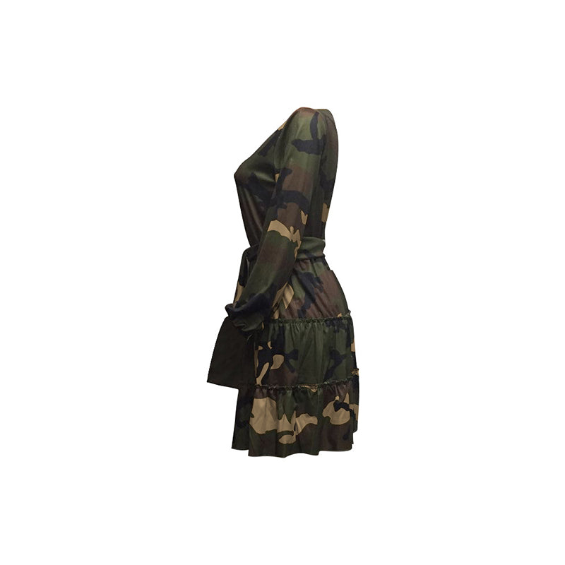 Camouflage Sexy Pleated Dress Women Long Sleeve High Waist Sashes Autumn Winter Dress Causal Plus Size Ruched Slim Mini Dresses