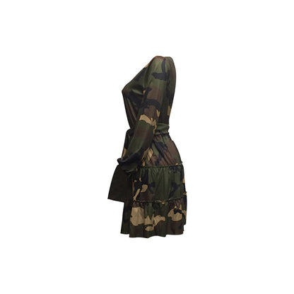 Camouflage Sexy Pleated Dress Women Long Sleeve High Waist Sashes Autumn Winter Dress Causal Plus Size Ruched Slim Mini Dresses