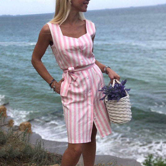 2020 New Women Elegant Stripe Shirt dress Square collar sleeveless belt dresses Pink Stripe Beach Party Dress Vestidos