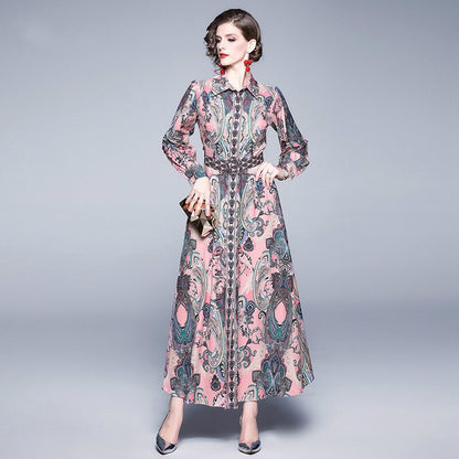 Autumn Winter Fashion Runway Maxi Dress Women's Long Sleeve Single-Breasted Vintage Printed Elegant Pink Long Dress With Belt