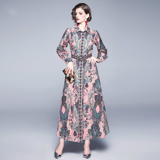 Autumn Winter Fashion Runway Maxi Dress Women's Long Sleeve Single-Breasted Vintage Printed Elegant Pink Long Dress With Belt