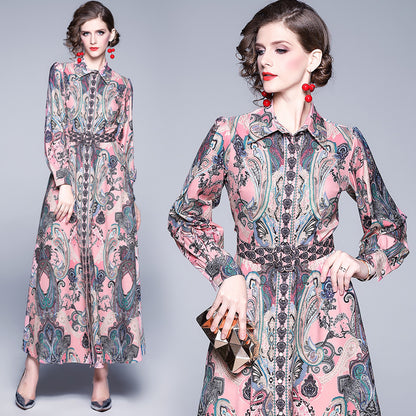 Autumn Winter Fashion Runway Maxi Dress Women's Long Sleeve Single-Breasted Vintage Printed Elegant Pink Long Dress With Belt