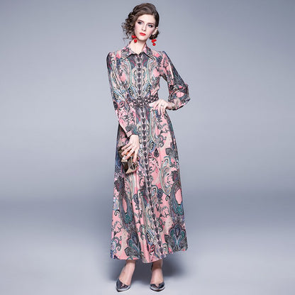 Autumn Winter Fashion Runway Maxi Dress Women's Long Sleeve Single-Breasted Vintage Printed Elegant Pink Long Dress With Belt