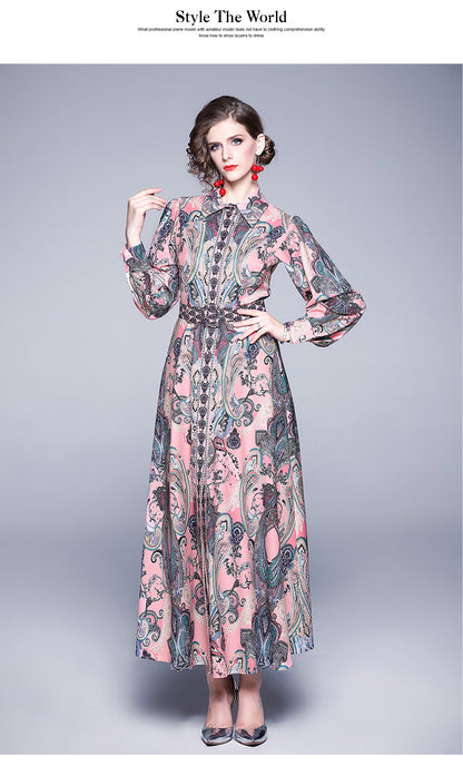 Autumn Winter Fashion Runway Maxi Dress Women's Long Sleeve Single-Breasted Vintage Printed Elegant Pink Long Dress With Belt