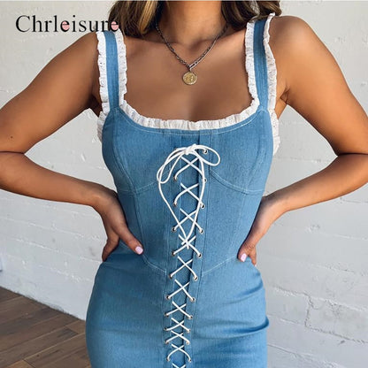 Fashion Woman Denim Harness Dress 2019 Summer New Bandage Ruffle Dress Feamle Sky Blue Vacation Casual High Waist Slim Dress
