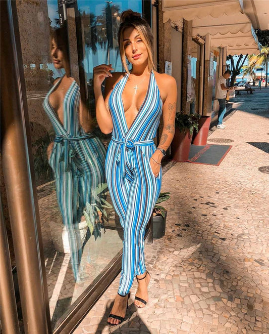 Women Striped Jumpsuits Sexy Halter Sleeveless Backless Deep V Bandage Jumpsuits Pockets Decor Ladies Summer Pencil Jumpsuits